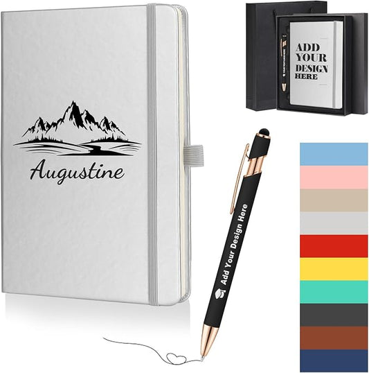 ENOMY Personalized A5 Notebook Gift Set with Custom Pen PU Leather Journal Box, Silver