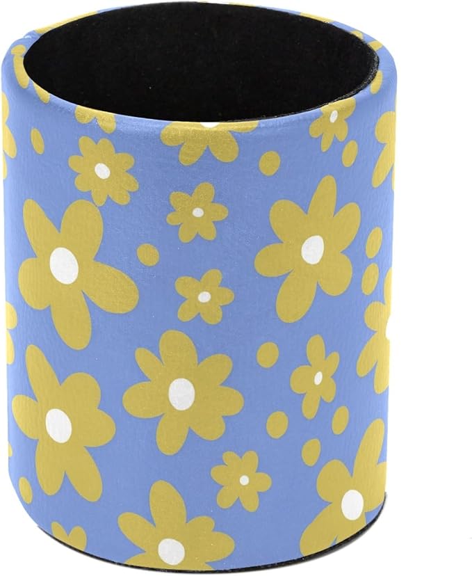 Yellow Flowers Leather Pen Holder for Desk, Multifunctional Desktop Organizer Pencil Cup, Desktop Caddy Stationery Organizer for School Home Office Desk Accessories