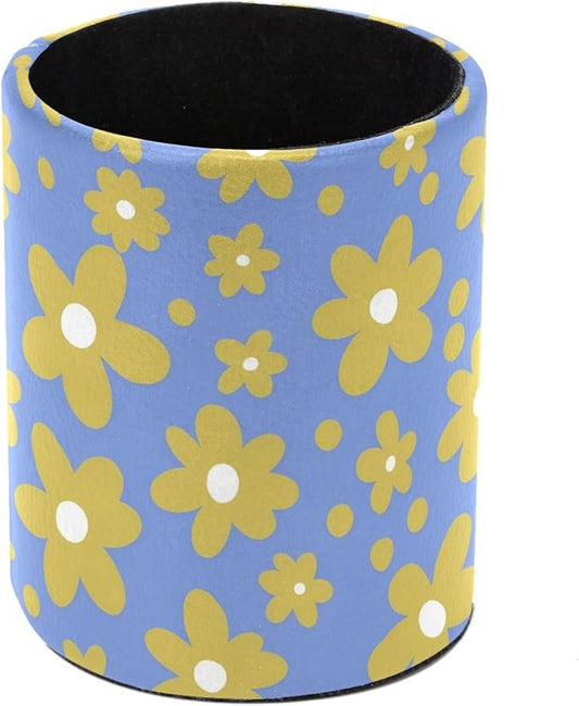 Yellow Flowers Leather Pen Holder for Desk, Multifunctional Desktop Organizer Pencil Cup, Desktop Caddy Stationery Organizer for School Home Office Desk Accessories
