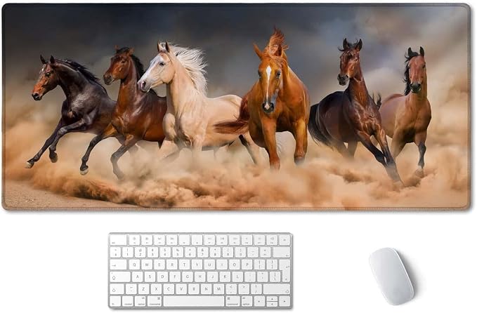 SSOIU Extended Gaming Mouse Pad (35.5x15.7 in), Large Non-Slip Rubber Base Mousepad with Stitched Edges, Waterproof Keyboard Mouse Mat Desk Pad for Work, Game, Office, Home - Running Horses