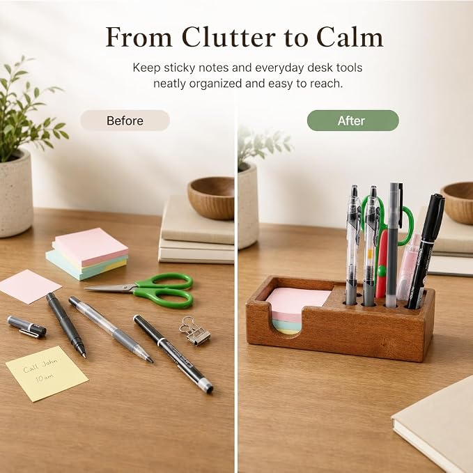 Wood Pencil Holder Pen Display Stand 3x3 Inch Sticky Note Holder | Elegant Post It Note Holder Notepad Dispenser Desk Organizer with Pen Slot for Sticky Notes, Pens, Scissors and Small Tool