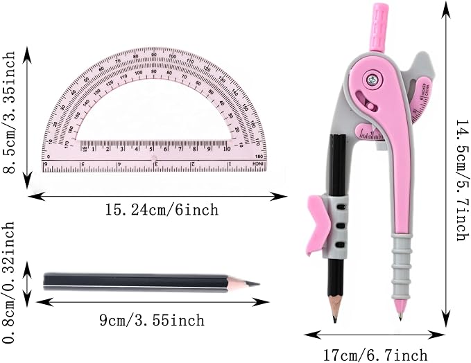 Vobou Compass for Geometry Set, 6 Inch Protractor, Clear Plastic (Pink) | 6 Inch Compass, Sharpener and Eraser, Easy Grip, Drafting Tool for Scool, Art, Drawing Precision Design for Math