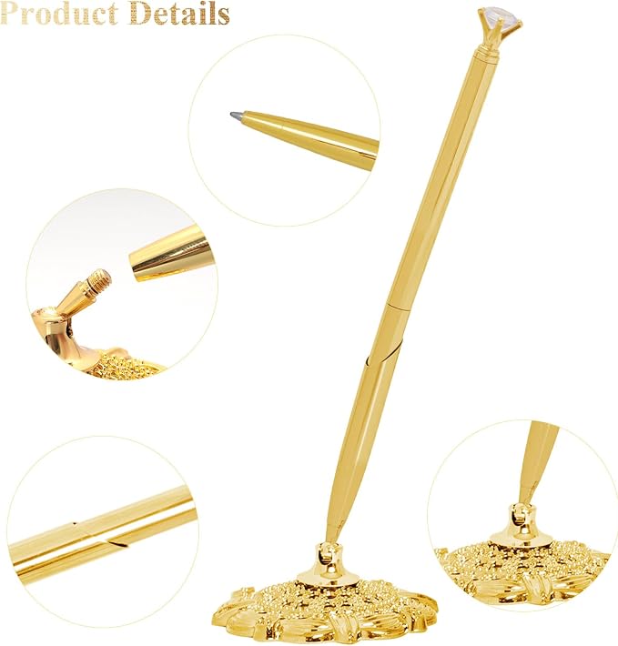 2 Pcs Gold Hollow Round Pen Holder with Diamond Metal Pen Stand Holder Set Signing Pen Set Signing Desk Ballpoint Pens for Guest Book Wedding Birthday Graduation Teacher Office Business