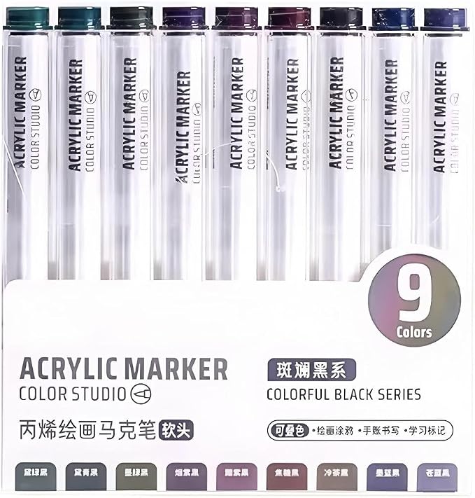 Black Acrylic Paint Pen Markers, 9 Colors Soft Brush Tip Paint Pens for Wood Glass Eggs Rock Painting Canvas Stone Fabric DIY Crafts Making Art Supplies (Black)