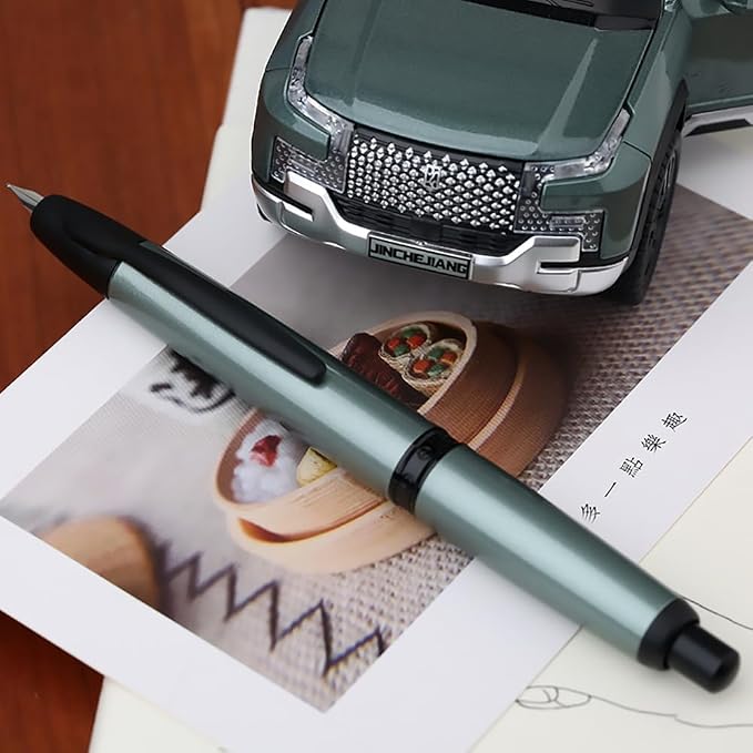 erofa Majohn A1 Press Fountain Pen Fine Nib with Box, Retractable Green Metal Ink Pen with Converter Writing Set (Black Clip Version)