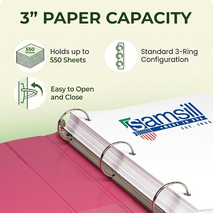 Samsill BioBinder 3 Inch (4-Pack) - Durable Plant-Based 3 Ring View Binder, USDA Certified Biobased, Customizable Nonstick Cover & Spine - 550 Sheet Capacity, Letter Size School Office Organizer