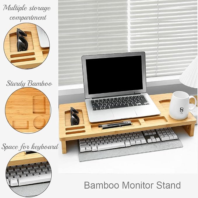 Vaiyer Bamboo Laptop Monitor Stand Riser, 23 Inch Wooden Desktop Organizer | Storage Shelf for Computer Laptop Printer, TV Cellphone Stand Desktop Monitor