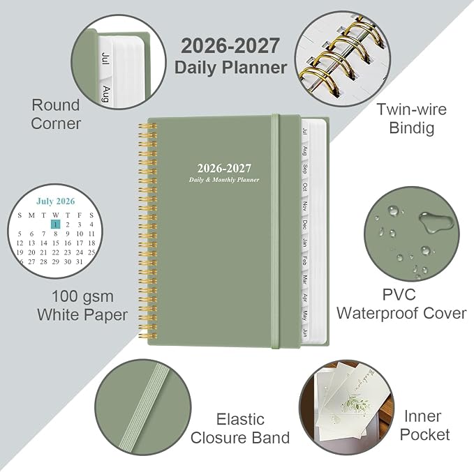 2026-2027 Daily & Monthly Planner - One Page Per Day, Daily Planner 2026 from July 2026 to June 2027, Planner 2026-2027 with 12 Monthly Tabs, 6.4" x 8.5", Green