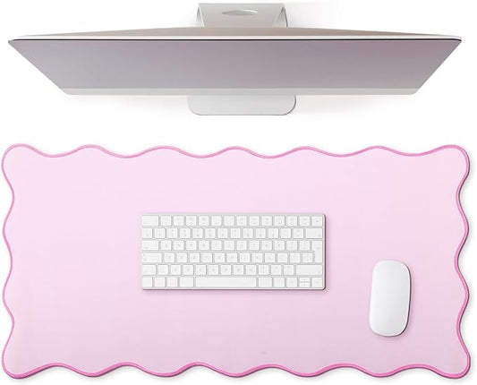Hahafelt Scalloped Desk Mat Large Desk Pad Cute Coquette Table Mat Back to School Preppy Table Make up Pad Nonslip Graduation Gift with Stitching Waterproof Gaming(Pink,23.6 x 13.8 Inches)