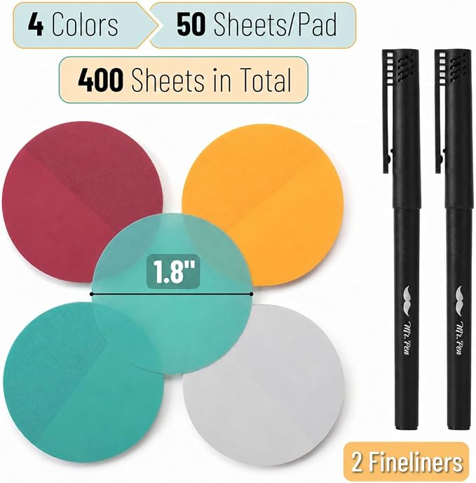 Mr. Pen- Round Transparent Sticky Notes, 1.8”, 8 Pads with 2 Fineliners | 400 Sheets, Smooth Writing, Water-Resistant, Clean Removal, Easy-Peel Sticky Notes for Bible Journaling & Planning