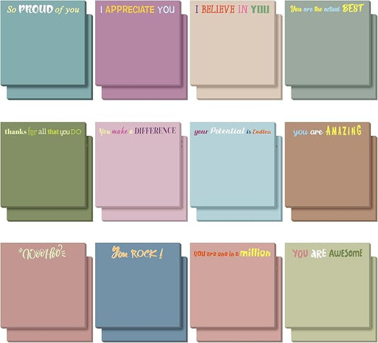Yinder 24 Pcs Inspirational Sticky Notes, Back to School Supplies, Cute Motivational Sticky Notes Pad Employee Appreciation Gifts Bulk for Teacher Coworker Office 3 x 3'' (Thank You,Morandi Color)