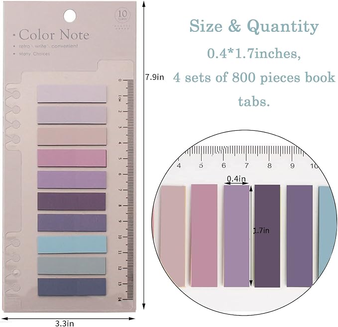 Potanro Sticky Tabs 800 Pcs Book Tabs Colorful Sticky Index Tabs | 40 Colors Annotation Tabs ,Transparent Sticky Notes Tabs, Writable Page Tabs with Ruler for Annotating Books, Page Marking