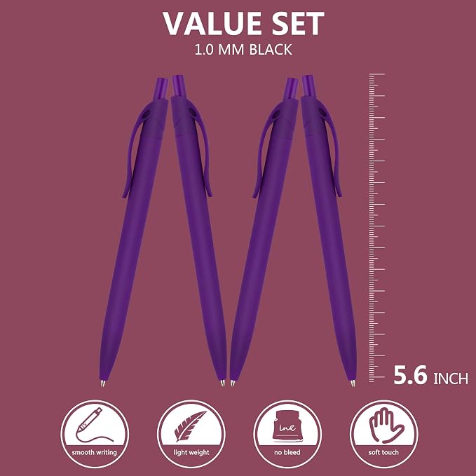 Deegtran Pens Bulk, 100 Pack No Bleed Purple Barrel Click Pens, Wholesale Retractable Ballpoint Pens, Medium Point, Smooth Ink Pens, 1.0MM Black Ink