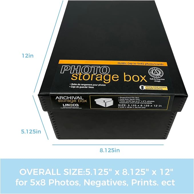 Lineco Archival Photo Card Box, Museum-Quality, 5x8x12 Inch, Black, 2 Pack | Acid-Free with Removable Lid, Metal-Edge Corner, Bulk Storage and Preservation for Negatives, Prints, Films, Photos, Snapshot
