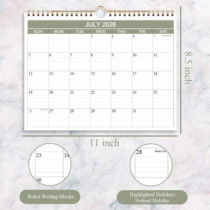 2026-2027 Calendar- Wall Calendar 2026-2027 Runs from July 2026 to December 2027-18 Months Calendar with Thick Paper for Home or Office, 8.5 x 11 Inches, Green