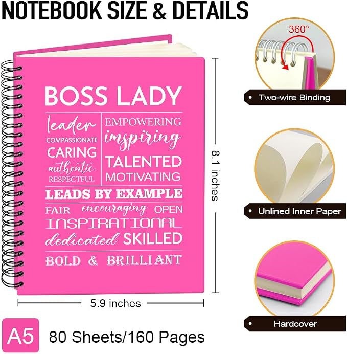 Boss Lady 160 Blank Pages Rose Red Hardcover Spiral Notebook, New Business Owner Gifts Women Boss Gifts for Boss Female, Appreciation Gifts for Women Entrepreneurs, Boss Day Women's Day Gifts