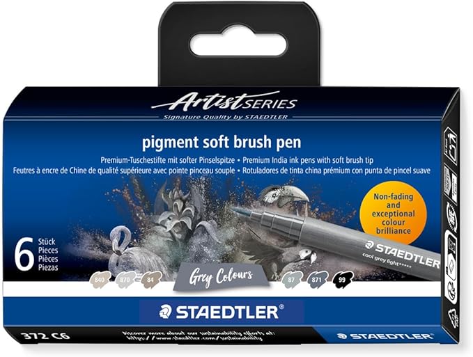 STAEDTLER Pigment Arts Soft Brush Pen, Grey Colours, Pack of 6 Pens, 372 C6