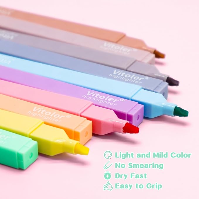 Vitoler 10Pcs Aesthetic Highlighters, Chisel Tip Marker Pens,Assorted Color Candy Highlighters,No Bleed Bible Highlighter,Cute Pastel Highlighter for Journaling Planner Notes School Supplies | Low Bleed on Standard Paper, Quick-Drying, Non-Toxic, for B...