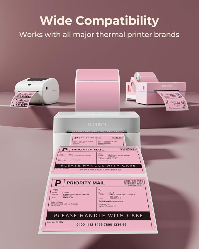 MUNBYN 4x3 Thermal Labels, 500 Sheets/1 Roll, Pink | Strong Adhesive & Perforated, Non BPA&BPS for Small Business, Shipping, Bakery, Clothing
