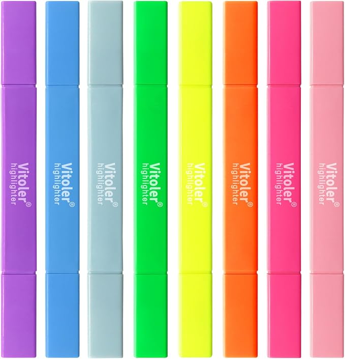 Vitoler Highlighters Assorted Colors, 8 Pack Dual Tip Pastel Highlighters | Non-Toxic, Quick-Drying Ink, Soft Tip, Fine & Chisel, for Teachers, Nurses, Office, School, Bible Study, Journaling