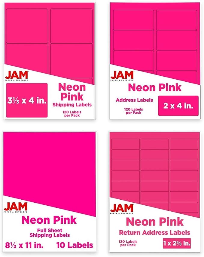 JAM PAPER Shipping & Mailing Address Labels - Multi Size Assortment - Neon Pink - 370/Pack