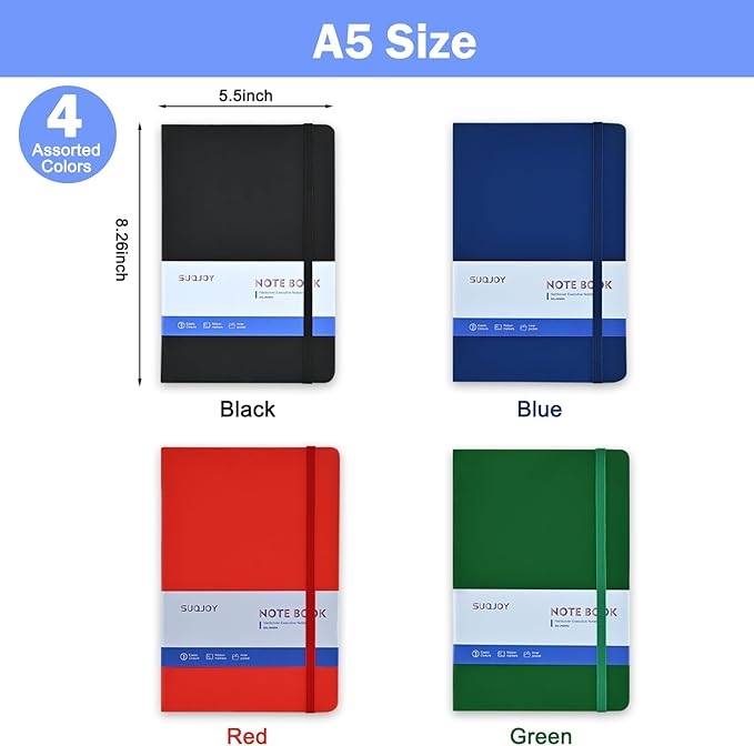 Lined Journal Notebooks, 4 Pack 160 Pages, 5.5x 8.2-Inch Journals for Women Men, Hardcover Notebook with 100 gsm Thick Paper, A5 Size College Ruled Notebook for Writing/Travel/Work (Assorted Color-4 Pack)