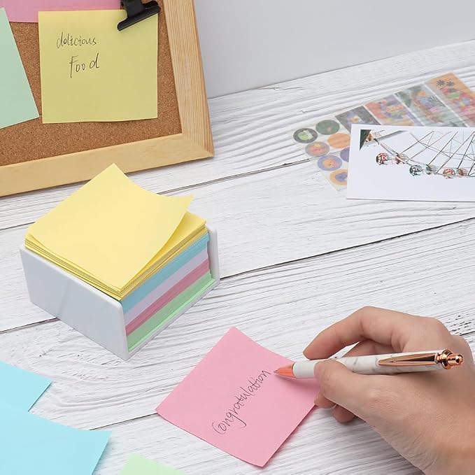 MEI YI TIAN White Memo Holder with 500 Sheets Non-Sticky Colorful Blank Memo Notes Cube Simple PS Sticky Notes Organizer Notepad Dispenser 5 Colors Memo Pads