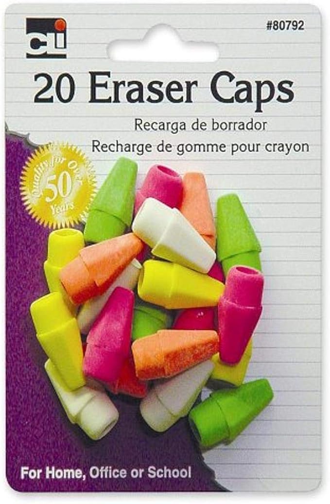Charles Leonard Pencil Eraser Caps, Neon, Assorted, 20-Pack (80792)