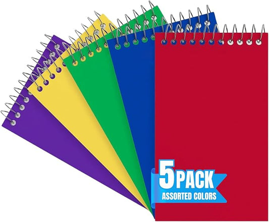 1InTheOffice Wirebound Spiral Memo Books, Memo Pads, 3" x 5", College Ruled, Small Notepad 3x5, Assorted, 75 Sheets/Pad, 5 Pads/Pack (5)