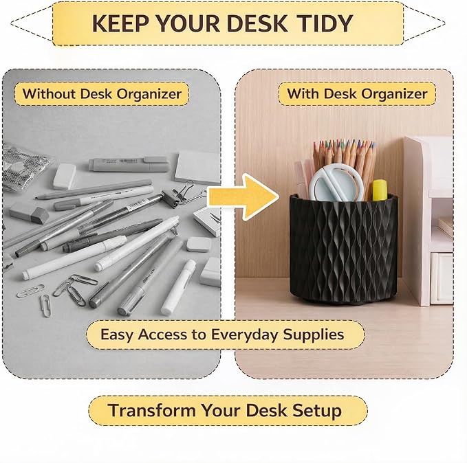 Black Pen Holder for Desk, 360° Rotating Pencil Organizer, 5 Slots | Spinning multi-use organizer for pens, makeup brushes, art supplies, markers - desk caddy for office