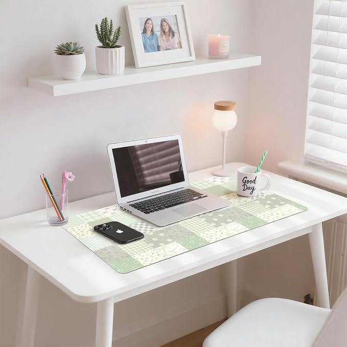 Checkered Plaid Leather Desk Mat Extended Gaming Mouse Pad | Non-slip Large Writing Pad Laptop Blotter Computer Keyboard Mat | Cute Green Desk Protector for Home Office 23.6" x 11.8"