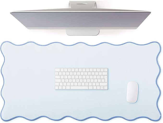 Hahafelt Scalloped Desk Mat Large Desk Pad Cute Coquette Table Mat Back to School Preppy Table Make up Pad Nonslip Graduation Gift with Stitching Waterproof Gaming(Blue,31.5 x 15.8 Inches)