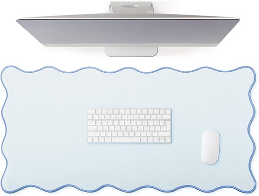 Hahafelt Scalloped Desk Mat Large Desk Pad Cute Coquette Table Mat Back to School Preppy Table Make up Pad Nonslip Graduation Gift with Stitching Waterproof Gaming(Blue,31.5 x 15.8 Inches)