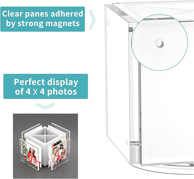 HIIMIEI Acrylic Picture Frames for Desk, 4-side Photo Cube for Home, Office | 360° Rotating Desktop Organizer, for Pencil, Makeup Brushes, White, 4"x 4"