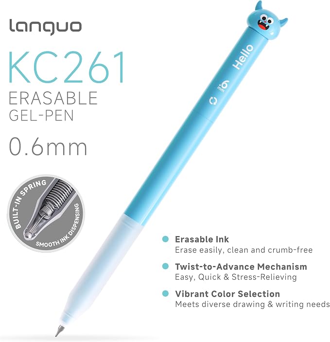 languo Erasable Gel Pens, 0.6mm Fine Tip, Twist Retractable, 10 Pack | Little Devil Design, Assorted Ink Colors, Smooth Ink Flow, Clean Corrections, Ideal for Drawing, Writing, Journaling, Planner
