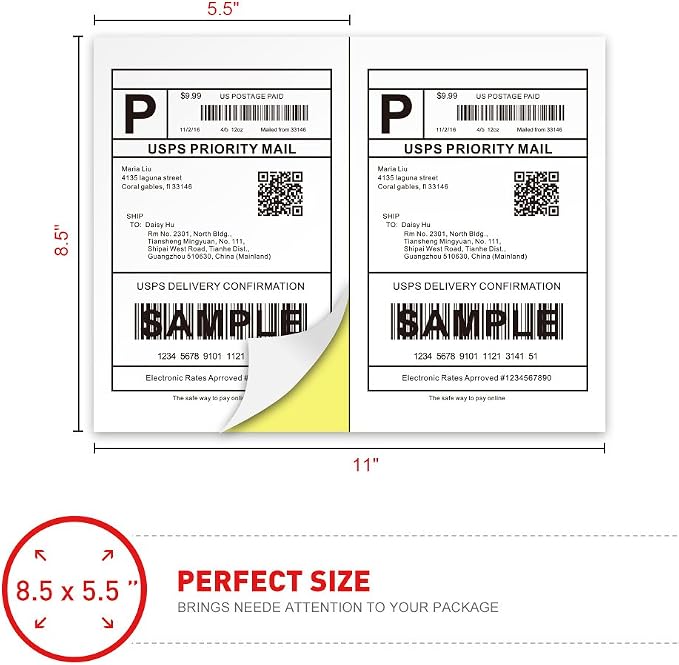 [500 Sheets; 1000 Labels] Half Sheet Self Adhesive Shipping Labels for Laser & Inkjet Printers, 8.5" X 5.5" Shipping Labels for Laser & Inkjet Printers Half Sheet Labels for Printer 8.5 x 11