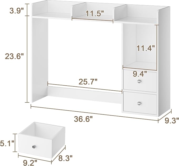 ChooChoo Desktop Bookshelf with LED Lights, 36.6" Dorm Desk Hutch with 4 Shelves and 2 Drawers, Fits 27" Monitor, Desk Organizer Shelf for Dorm Office Home, White