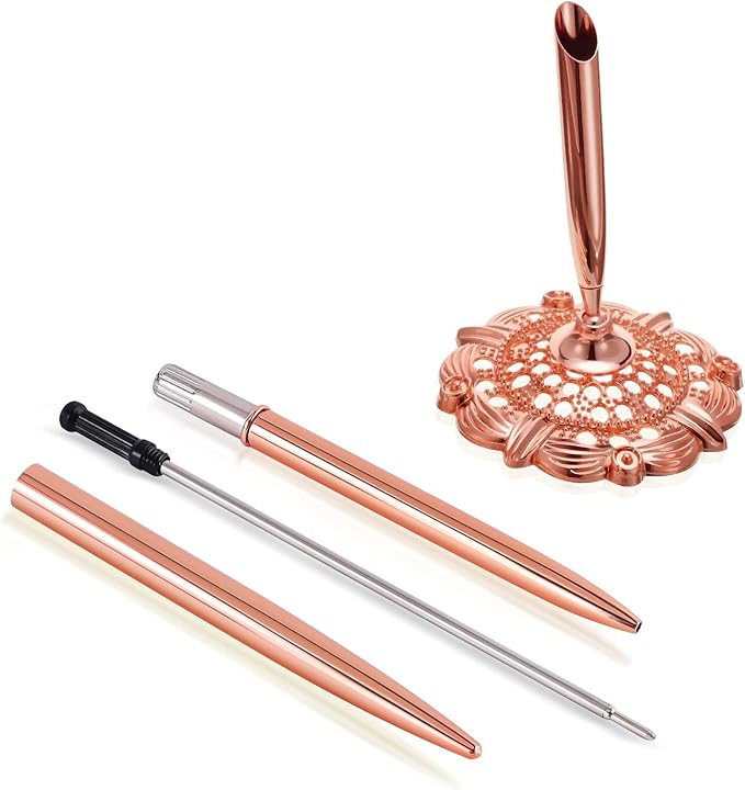 Hollow Round Pen Holder Signing Pen Set for Wedding Bridal Engagement Valentine's Day Favors,Rose Gold