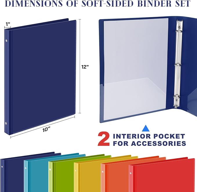 Fulmoon 6 Pack Plastic 3 Ring Binder Assorted Colors Economy Flexible Round Ring Presentation Binders with Pocket for Office School Meeting(1 Inch,Rainbow Colors)