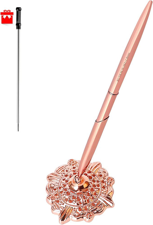 Hollow Round Pen Holder Signing Pen Set for Wedding Bridal Engagement Valentine's Day Favors,Rose Gold