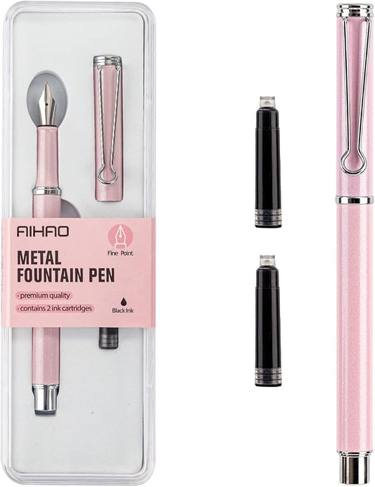 AIHAO Refillable Fountain Pen, Fine Point, Metal Fountain Pen with Gift Box, Black Ink, 2 Ink Cartridges in one Set, Pearl Pink