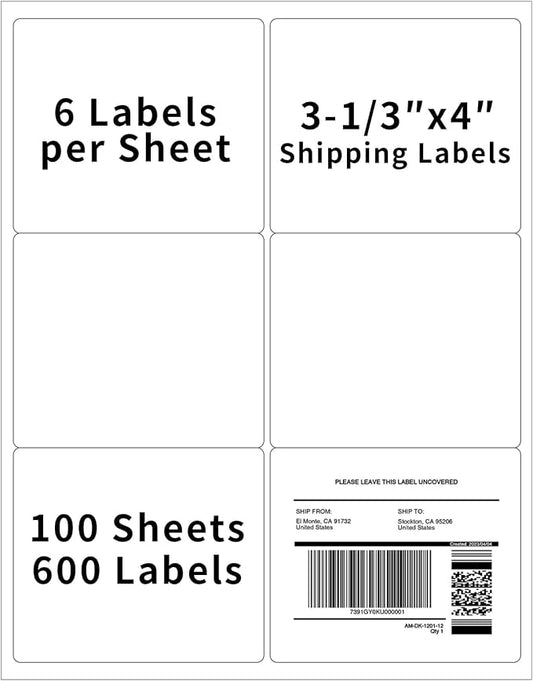 3⅓" x 4" Printable Mailing Labels for Laser & Inkjet Printers, 6 Up Permanent Adhesive Label Blank, 100 Sheets 600 Labels Shipping Address Labels, FBA Box Labels