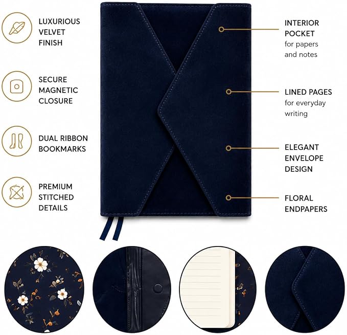 Eccolo Lined Journal Notebook, Hardcover Velvet Journal for Women & Men - 256 Ivory Pages, Unique Writing Journal for Work or School, Magnetic Flap Closure, 3 Bookmarks, Size 6X8, 6X8 Navy | Ivory Acid-Free Ruled Paper, 3 Sewn-In Bookmarks, Lay-Flat De...