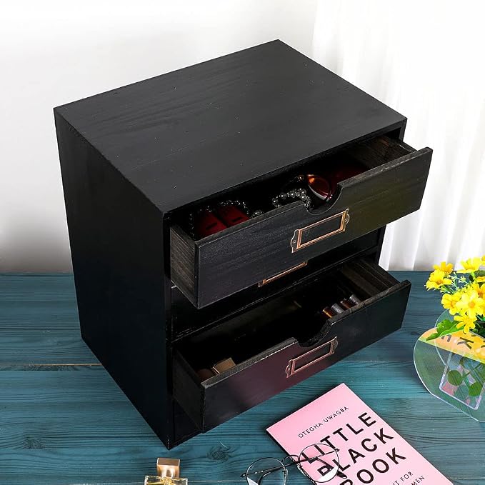 Large Wooden Drawers Wooden Box with Drawer Black | 4 Drawer Storage Box for Apothecary Cabinet, Apothecary Drawers，Desktop Organizer with Metal Handles for Office，Home