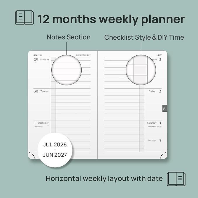 POPRUN 2026-2027 Small Weekly Planner, 4" x 6.25" Pocket Calendar for Purse | Academic Year (Jul 2026 - Jun 2027) Daily Planner with Lined Sections, Leather Hardcover, 100GSM Paper - Black