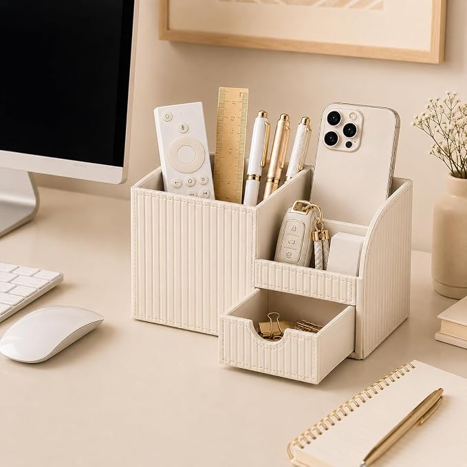 KINGFOM Luxury PU Leather Desk Organizer with Drawer, Modern Aesthetic Office Desk Accessories for Women, Multi-Compartment Pen Holder & Desktop Storage Organizer for Home Office, Cream White