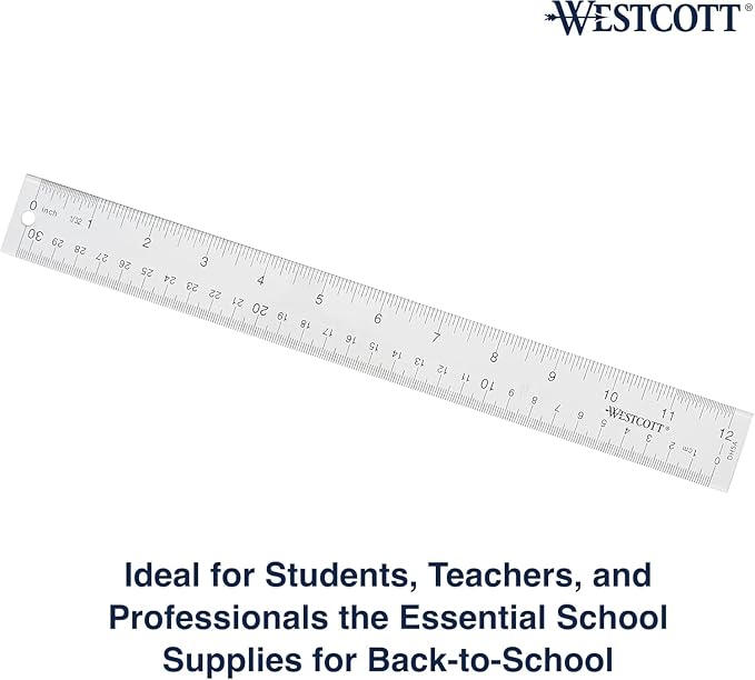 Westcott Acrylic Clear Ruler, Easy-to-Read Markings, Scratch-Resistant Design, Raised Beveled Edges, for Crafting, Office, Classroom, Back to School Supplies, 12-Inch