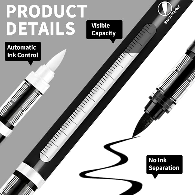Surcotto Black and White Acrylic Paint Markers,12 Pack Paint Pens Markers,Brush Tip & Direct Ink Flow,Paint Pen Sets for Stone,Wood,Calligraphy,Canvas,Ceramic, Metal, Glass, Rock Painting, DIY Crafts