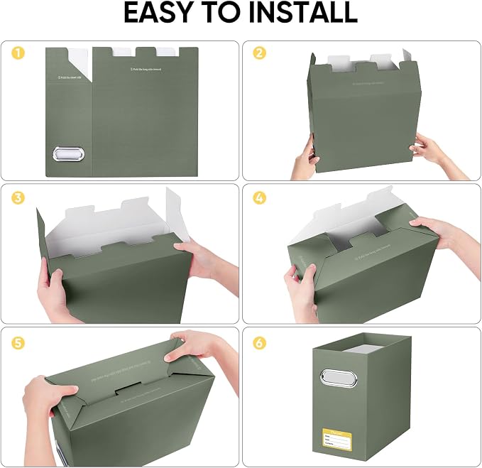 BALEINE File Organizer Box, Cardboard File Folder Organizer with Handle for Letter Size, Portable Collapsible Hanging Filing Box for Home Office Document Storage (4 Pack,Olive)