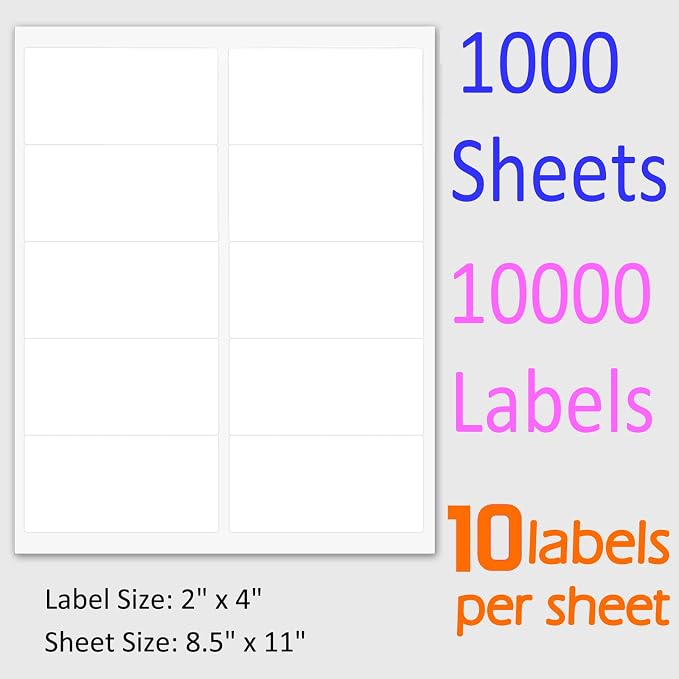 MPRT 2" x 4" Shipping Address Labels 10000 Label Stickers Paper for Laser & Inkjet Printer 10 per Page Printable Mailing Labels - Matte, 1000 Sheets | for Laser & Inkjet Printer 10 per Page Printable Mailing Labels - Matte, 1000 Sheets